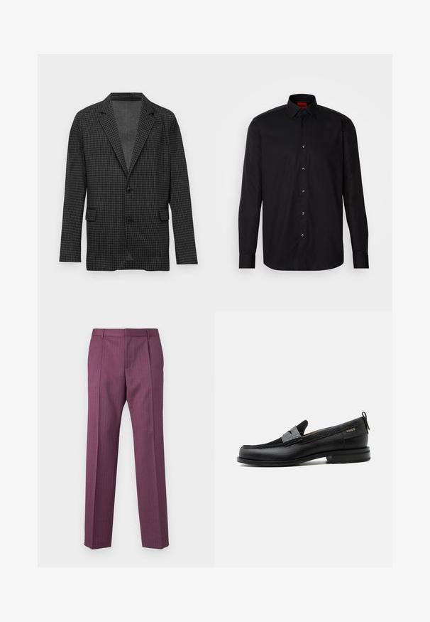 Donkergrijze houndstooth gepatteerde blazer met notch-lapels, twee zwarte knopen en voorste klepzakken, weergegeven op een effen witte achtergrond.; Zwarte longsleeve shirt van gladde stof, met een klassieke kraag, knoopsluiting aan de voorkant en een getailleerde pasvorm.; Paarse, gestreepte broek met rechte pijpen, een getailleerd ontwerp en voorzakken. Gemaakt van lichtgewicht stof, met riemlussen en een krijtstreep aan de voorkant.; Zwarte leren loafer met grijs riemdetailelement, lage hak en gestructureerde zool, aan de zijkant gebrandmerkt met "HUGO" in goud.