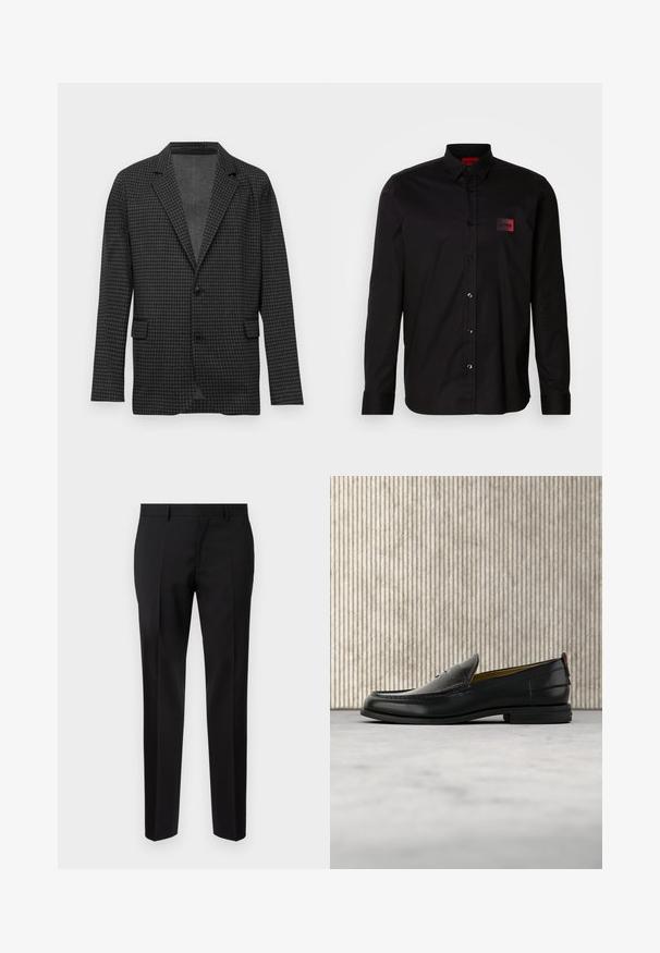 Mørkegrå houndstooth-mønstret blazer med klapslag, to sorte knapper og forlommer, præsenteret på en ensfarvet hvid baggrund.; Sort langærmet skjorte lavet af glat stof, med knaplukning, klassisk krave og en lille rød mærke-patch på brystet.; Sorte skræddersyede bukser lavet af glat stof, med lige ben, raffinerede folder og en klassisk talje med bæltestropper.; Sort læder herreloafer med krokodillepræget forstykke og lav hæl, vist i profil på en neutral baggrund.