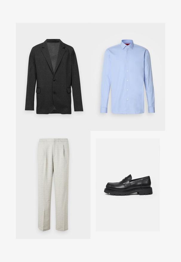 Blazer de patrón de espiga en gris oscuro con solapas en pico, dos botones negros y bolsillos con solapa en la parte frontal, presentado sobre un fondo blanco plano.; Camisa de dress de manga larga azul claro, confeccionada en algodón, con cuello clásico y cierre de botones en el frente con botones blancos. Textura suave.; Pantalones gris claro con una tela texturizada, que presentan un corte recto, frente con pliegues y cinturilla estándar. Sin bolsillos o acentos visibles.; Mocasín negro de cuero con suela gruesa y acanalada y detalle de tira para moneda, mostrado en perfil lateral derecho sobre fondo blanco.