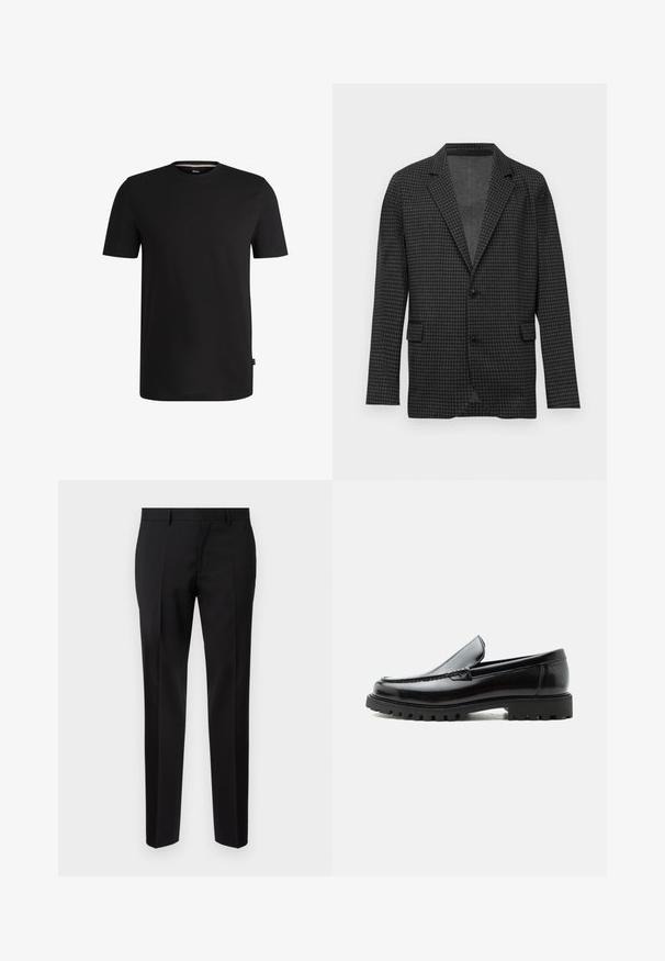 Dunkelgrauer Hahnentwist-Blazer mit Revers, zwei schwarzen Knöpfen und aufgesetzten Taschen, auf einem schlichten weißen Hintergrund präsentiert.; Schwarzes T-Shirt mit kurzen Ärmeln aus weicher Baumwolle und rundem Halsausschnitt. Verfügt über ein dezentes Markenlabel auf der linken Seite nahe dem Saum.; Schwarze maßgeschneiderte Hosen aus glattem Stoff, mit geradem Bein, feinen Bügelfalten und einem klassischen Bund mit Gürtelschlaufen.; Schwarzer Lederloafer mit grober Gummisohle, genähter Oberseite und geprägtem Markennamen an der Ferse, seitlich auf weißem Hintergrund gezeigt.