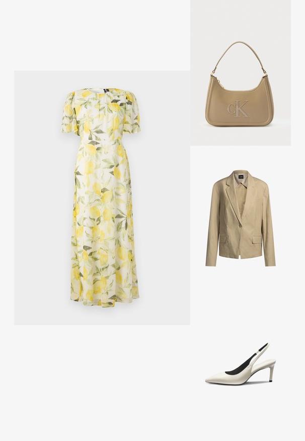 Beige Blazer aus leichtem Material, mit einfacher Knopfschließe, Reverskragen und zwei vorderen Taschen.; Blumenkleid mit Zitronendruck auf durchsichtigen weißen Stoff, kurzen Puffärmeln und taillierter Taille, das bis zur Maxi-Länge fließt.; Weißer spitzer Slingback-Pumps aus Leder mit einem schlanken Stiletto-Absatz und schwarzer Innenausstattung.; Calvin Klein Handtasche aus taupefarbenem Leder mit glatter Struktur, geschwungener Form, geprägt "CK"-Logo und einem einzelnen Schulterriemen. Reißverschluss oben.