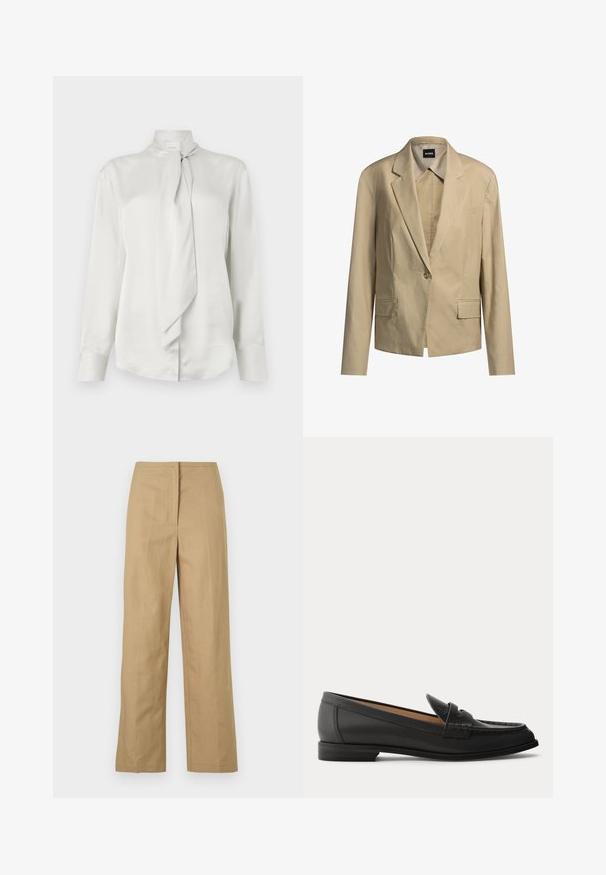 Blazer beige a medida hecho de tela ligera, con cierre de un solo botón, solapas muesca y dos bolsillos frontales.; Blusa blanca de manga larga con cuello alto y detalle de bufanda atada en la parte delantera, hecha de una suave tela similar al satén.; Pantalones rectos beige con frente plano, bolsillos laterales y una tela suave y ligera. Sin patrones visibles ni detalles de hardware.; Mocasín negro de cuero para mujer con tacón bajo, puntera redondeada y detalles cosidos en la parte superior, mostrado de lado sobre un fondo liso.