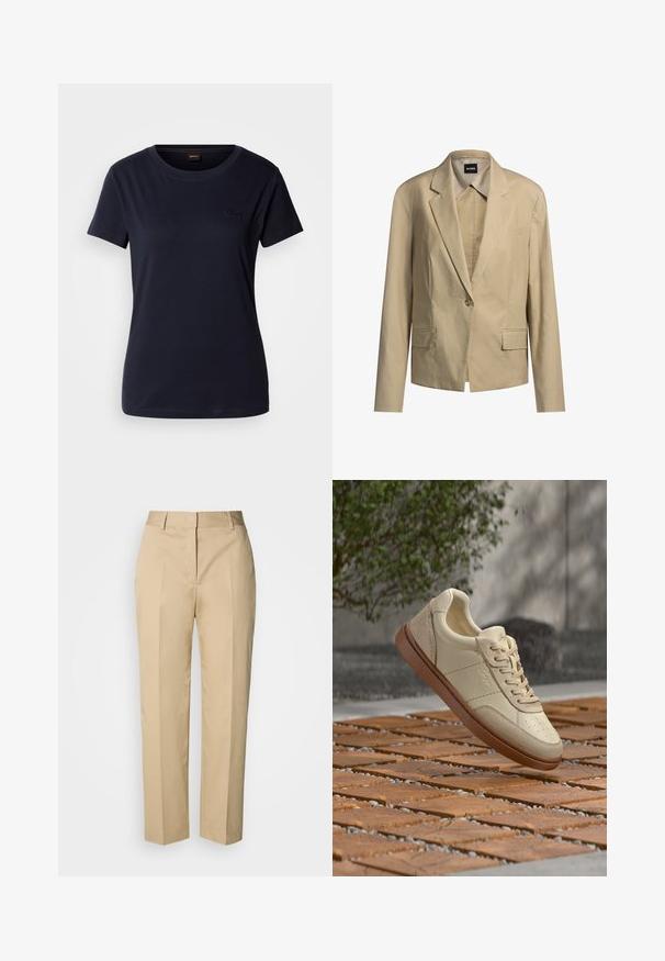 Blazer beige a medida hecho de tela ligera, con cierre de un solo botón, solapas muesca y dos bolsillos frontales.; Camiseta de manga corta de color azul marino, hecha de algodón, con cuello redondo y un pequeño logo bordado en el pecho. Textura suave.; Pantalones beige de pierna recta con trabillas para cinturón, pliegue frontal y cierre oculto, exhibidos sobre un fondo claro.; Zapatilla de cuero beige con suela marrón suspendida sobre una superficie exterior con baldosas, con pequeñas piedras dispersas y follaje verde en el fondo.
