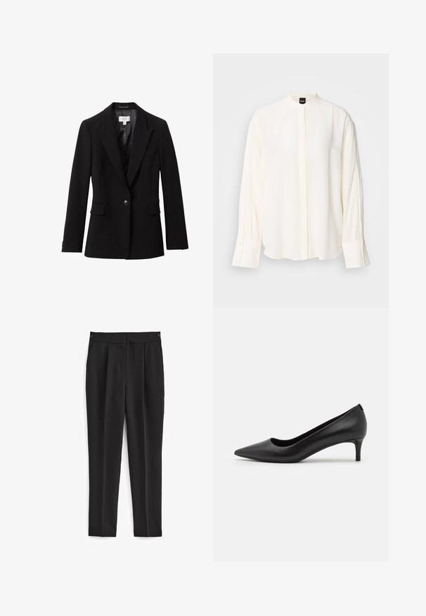 Blazer noir à un bouton, avec revers crantés, deux poches avant à rabat et une poche poitrine passepoilée, présenté sur fond blanc.; Blouse à manches longues crème en tissu lisse ; col mao, patte de boutonnage à l'avant, poignets boutonnés et coupe décontractée.; Pantalon noir avec une coupe ajustée, présentant un devant plat, deux poches latérales et un design épuré, sans couture. Fabriqué en tissu lisse et respirant.; Escarpin noir en cuir avec un bout pointu et un petit talon. Texture lisse, design épuré et détails subtils au niveau du talon.