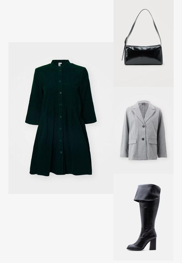 Blazer gris en tissu à motif de chevrons, doté d'un col cranté, de deux poches avant et de deux boutons noirs.; Robe en velours côtelé vert foncé avec un devant à boutons, col mandarin, manches trois-quarts et taille froncée pour plus de détail.; Botte haute en cuir noir avec talon, bord plié et bout arrondi, debout sur un fond blanc.; Sac d'épaule rectangulaire noir avec une sangle réglable unique et une fermeture éclair supérieure sur un fond uni.