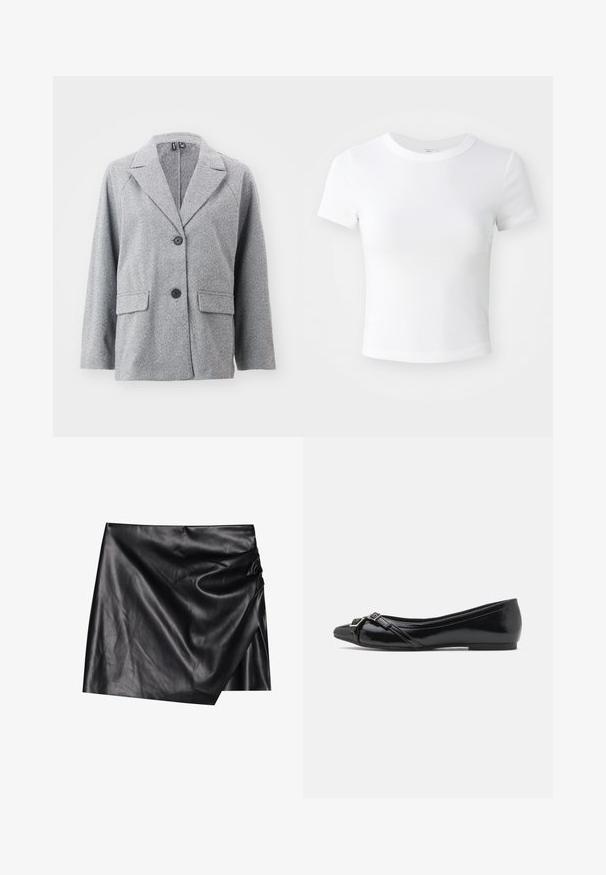 Blazer gris en tissu à motif de chevrons, doté d'un col cranté, de deux poches avant et de deux boutons noirs.; T-shirt courte à manches courtes, blanche, avec un col rond, présentée sur un fond neutre et lumineux.; Jupe mini en cuir noir avec un design portefeuille, affichant une texture douce et lisse ainsi que des détails de drapés subtils sur un côté.; Ballerines en cuir verni noir avec un bout pointu, dotées de lanières croisées et d'un petit détail de boucle en argent à l'avant.