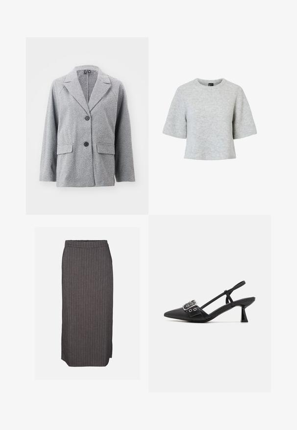 Blazer gris hecho de tejido con patrón de espiga, que presenta un cuello con muescas, dos bolsillos frontales y dos botones negros.; Suéter gris de manga corta hecho de tela de punto texturizada, con escote redondo y diseño corto. Sin patrones ni detalles visibles.; Falda lápiz gris oscuro con finas rayas blancas verticales y una pequeña abertura lateral sobre un fondo liso.; Simmi London DALA - Tacones - black