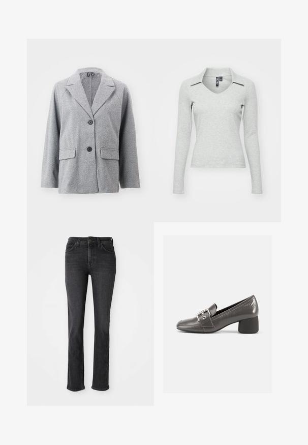 Blazer gris en tissu à motif de chevrons, doté d'un col cranté, de deux poches avant et de deux boutons noirs.; Haut gris clair à manches longues, en V avec col, fabriqué dans un tissu doux et texturé, présentant une coupe ajustée et un minimum de détails.; Jean droit noir avec poches avant et arrière, passants de ceinture, et fermeture à bouton et zip.; Chaussure en cuir noir à talon moyen avec un bout arrondi, dotée d'une bride décorative à boucle et d'une finition texturée sur la tige.
