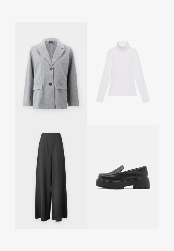 Blazer gris hecho de tejido con patrón de espiga, que presenta un cuello con muescas, dos bolsillos frontales y dos botones negros.; Top blanco de manga larga y cuello alto, confeccionado en una tela suave y elástica. Presenta un diseño ajustado, sin patrones o adornos visibles.; Pantalones de pierna ancha negros, confeccionados con una tela suave, que presentan una cintura alta y un diseño plisado para añadir textura y dimensión.; Mocasines de cuero negro con una suela de goma baja y gruesa, detalles de costura en la parte superior y una textura suave.