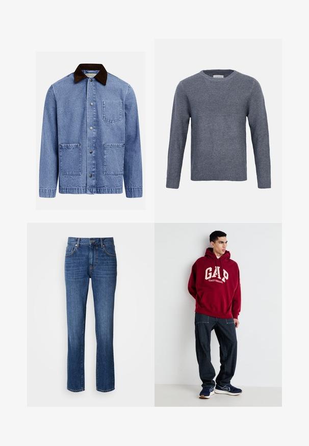 Chaqueta azul de mezclilla con cuello de pana marrón oscuro, tres botones de presión frontales y tres bolsillos cuadrados con parche.; Jersey gris de punto con mangas largas, textura acanalada en la parte superior del pecho y las mangas, y tejido sólido en la parte inferior del torso y los puños, con cuello redondo.; Vaqueros de mezclilla en azul oscuro, con un corte clásico recto en la pierna, cinco bolsillos y detalles de botones metálicos. La tela tiene una textura suave.; Sudadera color burdeos con "GAP" y "TIMES SQUARE" impresos en crema, combinada con pantalones rayados en azul marino y zapatillas azul marino con detalles en blanco.