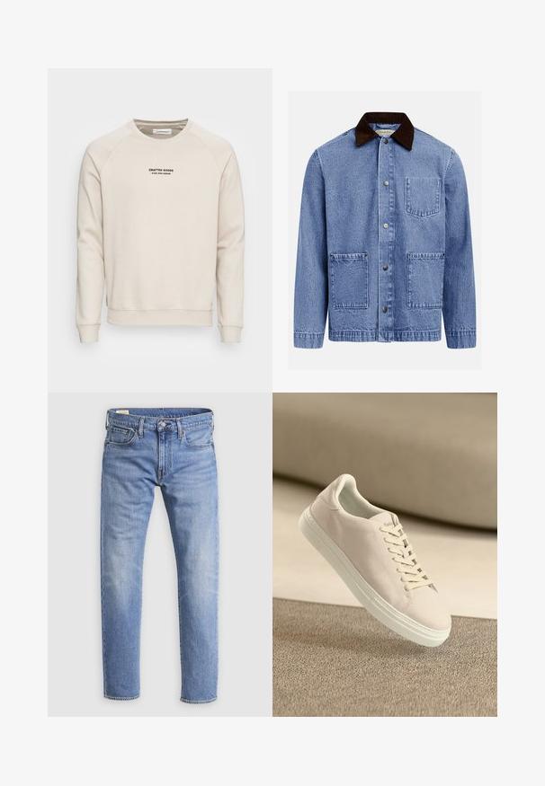 Veste en jean bleue avec col en velours côtelé marron foncé, trois boutons-pression à l'avant et trois poches appliquées carrées.; Sweatshirt de couleur crème avec des manches raglan, des poignets côtelés et un ourlet côtelé. Présente un logo en texte noir à l'avant. Tissu doux et texturé.; Jean en denim bleu clair avec fermeture à boutons sur le devant, passants de ceinture et design à cinq poches, présenté sur un fond blanc uni.; Baskets en suède beige avec semelle et lacets blancs, présentées en suspension au-dessus d'un tapis beige texturé sur fond beige doux.
