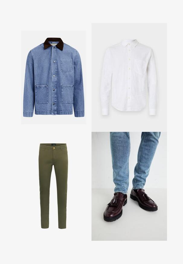Blå denimjakke med mørkebrun kordfløjlsflip, tre trykknapper foran og tre kvadratiske påsyede lommer.; Hvid linned skjorte med lange ærmer, knap-ned krave, brystlomme og perleknapper. Har en buet kant og struktureret stof.; Olivenfarvede bukser lavet af blød bomuldsblanding, med lukning foran med knap, bæltestropper og et slim fit design.; Bordeaux læder loafers med kvaster og en tekstureret overdel, parret med lyseblå denimjeans. Sort gummisål synlig.
