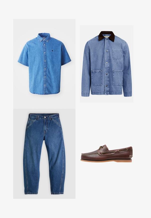 Veste en jean bleue avec col en velours côtelé marron foncé, trois boutons-pression à l'avant et trois poches appliquées carrées.; Chemise en denim à manches courtes de couleur bleu clair avec un col boutonné, comportant un logo sur la poitrine et des détails de couture visibles.; Jean en denim bleu à coupe décontractée, doté d'une fermeture à boutons, de cinq poches et de surpiqûres orange contrastantes. Texture lisse sur toute la surface.; Chaussure bateau en cuir marron avec coutures blanches, détails de lacets et semelle en caoutchouc beige, vue de côté sur fond blanc.