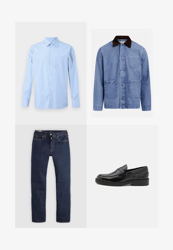Veste en jean bleue avec col en velours côtelé marron foncé, trois boutons-pression à l'avant et trois poches appliquées carrées.; Chemise à rayures bleu clair et blanche à manches longues avec une poche poitrine unique. Design simple et classique sur un fond neutre.; Jean droit bleu foncé avec braguette à boutons, poches avant et arrière, et surpiqûres contrastantes, posé à plat sur un fond clair.; Mocassins en cuir noir avec une finition lisse, un bout rond, un petit talon et descoutures décoratives à l'avant. Semelle en caoutchouc pour l'adhérence.