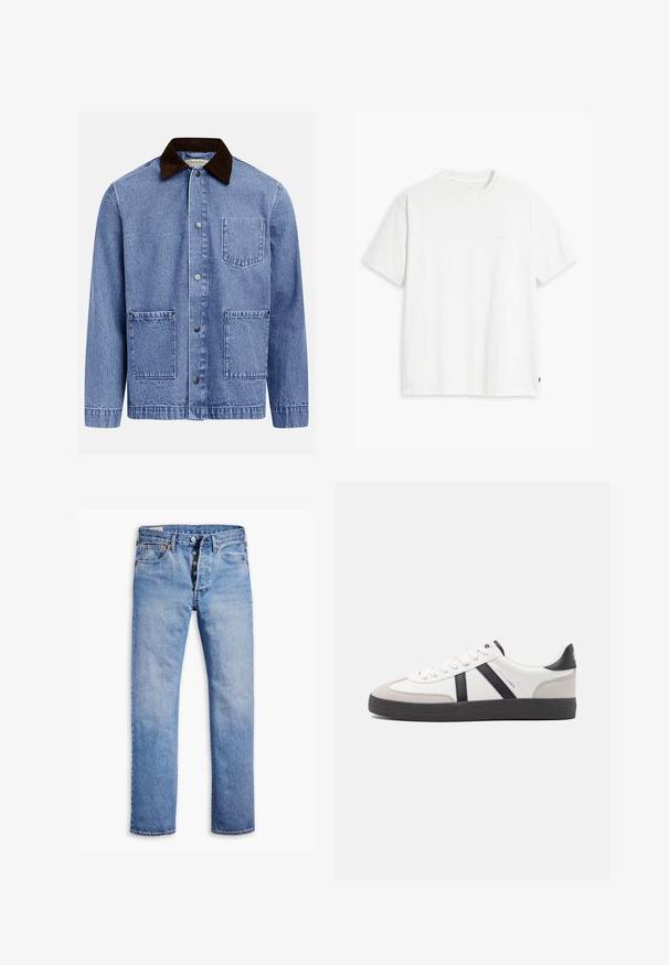Veste en jean bleue avec col en velours côtelé marron foncé, trois boutons-pression à l'avant et trois poches appliquées carrées.; T-shirt en coton blanc à manches courtes, col rond, avec un logo "Levi's" discret imprimé en couleur claire sur le devant.; Jeans en denim bleu clair avec une coupe droite, une fermeture à cinq boutons, des passants de ceinture et un délavage subtil. Dispose de deux poches avant et de rivets en cuivre.; Baskets blanches avec des accents noirs et gris, présentant un embout texturé gris, une semelle en caoutchouc noir et des lacets plats blancs. Design épuré, style minimaliste.