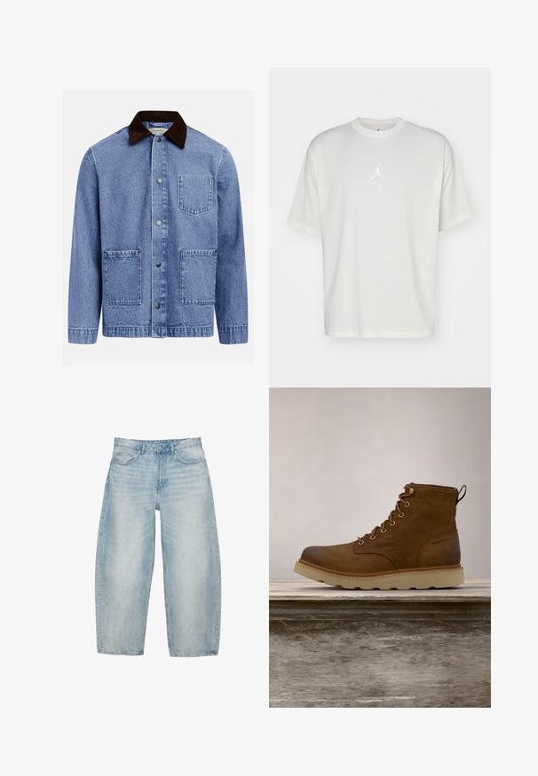 Veste en jean bleue avec col en velours côtelé marron foncé, trois boutons-pression à l'avant et trois poches appliquées carrées.; T-shirt en coton blanc avec un col rond, des manches courtes et un petit logo brodé au centre. Design ajusté avec des coutures minimales.; Jean en denim bleu clair à jambes larges avec poches avant, passants pour ceinture et fermeture par bouton.; Botte cheville imperméable marron en cuir texturé, dotée d'œillets dorés, d'un bout rond et d'une semelle en caoutchouc texturé légère.