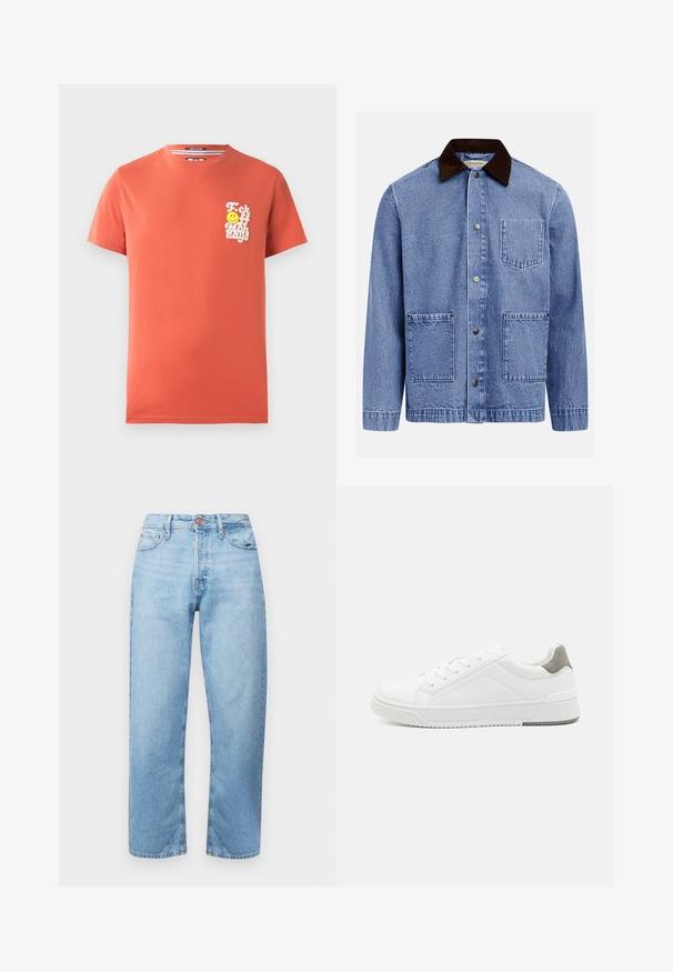 Blaue Jeansjacke mit dunkelbraunem Kordkragen, drei vorderen Druckknöpfen und drei quadratischen aufgesetzten Taschen.; T-Shirt mit kurzen Ärmeln aus korallenfarbener Baumwolle. Mit einem weißen Grafikdruck und einem Smiley im linken Brustbereich. Rundhalsausschnitt.; Hellblaue Jeans aus Denim mit geradem Schnitt, Fünf-Taschen-Design und Knopfverschluss. Glatte Textur und minimale Ausbleichung mit gestickten Akzenten.; Weißer Sneaker aus glattem Leder, runde Zehenpartie, minimalistisches Design, graue Fersenkante und strukturierte Gummisohle.