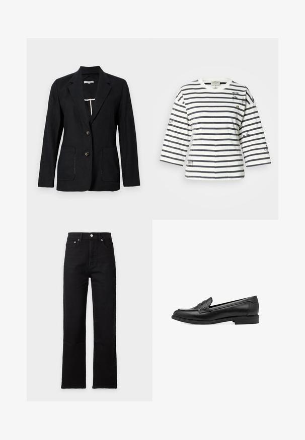 Sort enkeltbrystet blazer med hakket revers, to forlommer og to knapper, vist på en ensartet lysegrå baggrund.; Stripet bomulds-T-shirt med marineblå og hvide striber, 3/4-ærmer, rund halsudskæring og grafisk detalje med øjne og tekst på ærmerne.; Sorte jeans med lige ben, forlommer, bæltestropper og lukning med knap og lynlås.; Sorte læder loafers med en glat overflade, udstyret med en vævet detalje over forgængeren og en lav, rund hæl. Enkel design og form.