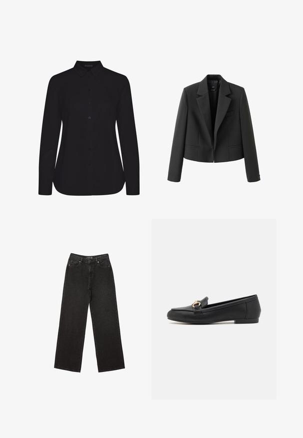 Schwarzer, gekürzter Blazer mit Reverskragen, einreihiger Knopfschluss, zwei frontalen Taschen und glatter Stoffstruktur.; Schwarzes Langarmshirt aus glattem Stoff, mit kragen und Frontknopfleiste, und gerader Saum.; Schwarze weit geschnittene Jeans aus Denim, mit kleinen gepunkteten Mustern, klassischem Fünf-Taschen-Design und einem Knopf- und Reißverschluss.; Schwarze Lederloafers mit runder Zehenpartie, versehen mit einem goldfarbenen Hardware-Akzent und einem niedrigen, flachen Absatz für optimalen Tragekomfort.