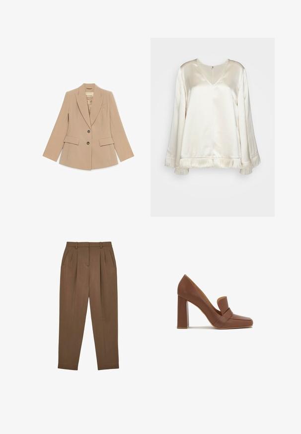 Beiger maßgeschneiderter Blazer mit Kerbkragen, zwei vorderen Pattentaschen, zwei Knöpfen und einer Brustleistentasche, flach auf weißem Hintergrund liegend.; By Malene Birger EXCLUSIVE AVELAS - Bluse - pearl; Braune, hochgeschnittene, maßgeschneiderte Hose mit Falten, Seitentaschen, Gürtelschlaufen und schmal zulaufendem Bein.; Braunes Lederhochzeitschuh mit quadratischer Spitze und einem breiten Riemen auf der Vorderseite. Der Absatz ist blockförmig und stabil.