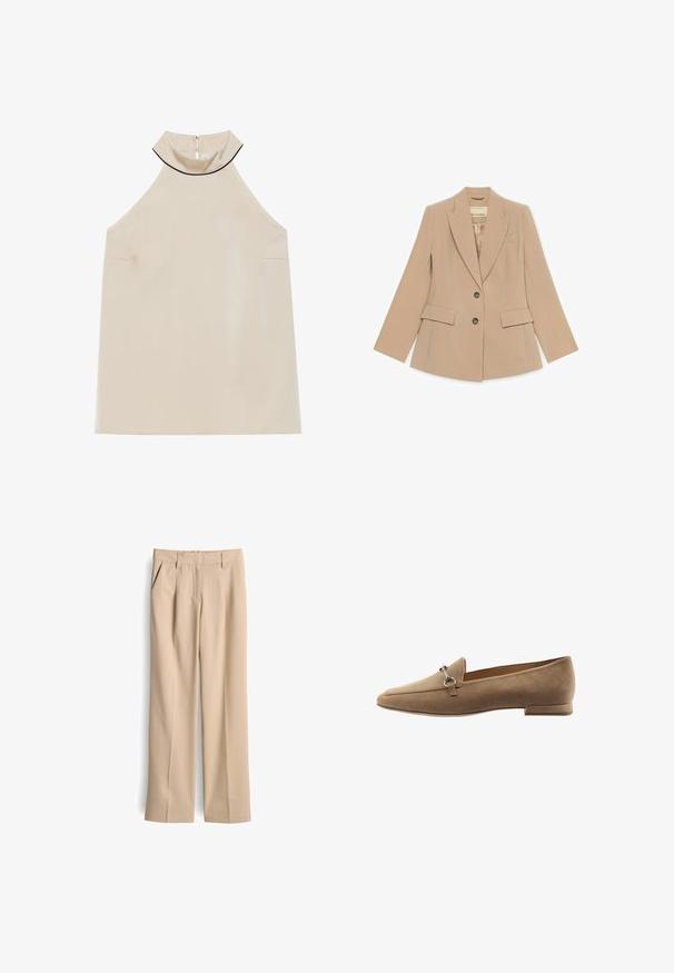 Beige op maat gemaakte blazer met inkeping revers, twee klepzakken aan de voorkant, twee knopen en een borstzak met paspel, plat uitgestald op een witte achtergrond.; Beige mouwloze haltertop van gladde stof met een hoge kraag en een rits aan de achterkant, met een minimalistisch ontwerp en geen zichtbare patronen.; Beige hoge taille broeken met een rechte pasvorm, voorzien van twee zijzakken en voorvouwen. Gemaakt van een gladde, lichte stof.; Tan suède instappers met een taps toelopend ontwerp, voorzien van een kleine accente van zilverkleurig hardware en een lage hak. Gladde textuur met minimale stiksels.