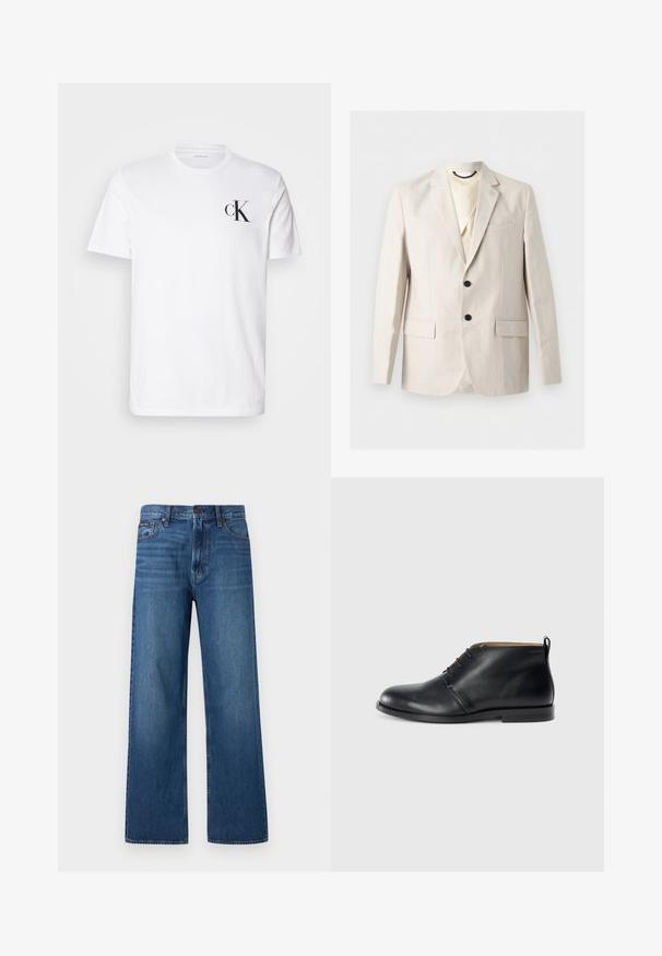 Hellbeiger Herrenblazer mit Kerbkragen, zwei schwarzen Knöpfen, Brusttasche und zwei Klappentaschen vorne.; Weißes Baumwoll-T-Shirt mit kurzen Ärmeln, Rundhalsausschnitt und einem schwarzen "ck"-Logo auf der linken Brust. Einfaches, klassisches Design.; Blaue, hoch taillierte Jeans mit geradem Bein, Frontknopf und Reißverschluss, fünf Taschen und einem kleinen Markenpatch auf der rechten Tasche.; Schwarze Leder-Stiefeletten mit glatter Oberfläche, runder Zehenpartie, minimalen Nähten und einer niedrigen, strapazierfähigen Sohle.