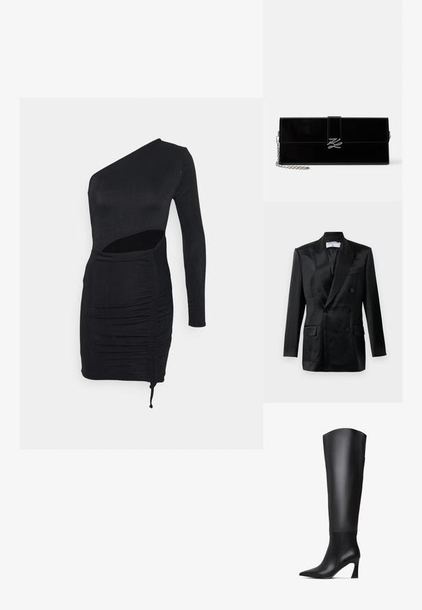 Zwarte satijnen dubbelbreasted blazer met puntsla lapels, vier knopen, twee klepzakken en een borstzak, gelabeld "Filippa K."; IN THE STYLE RUCHED CUT OUT SLINKY MINI DRESS - Jerseyjurk - black; Zwarte leren laarzen tot de knie met een spitse neus, rechte schacht en een taps toelopende hoge hak. Gladde textuur met minimale details.; Glanzende zwarte rechthoekige clutch met zilveren kettingriem en zilveren, in elkaar verstrengelde initialen sluiting op de voorklep.