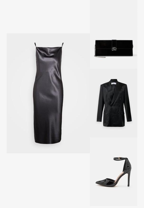 Blazer noir en satin à double boutonnage avec des revers en pointe, quatre boutons, deux poches à rabat et une poche poitrine passepoilée, étiqueté "Filippa K."; Samsøe Samsøe FREDERICKA LONG DRESS - Robe de soirée - ombre dark; Escarpin en cuir verni noir avec un bout pointu, une bride de cheville et un talon aiguille fin. Texture lisse avec une finition brillante.; Pochette rectangulaire noire brillante avec bretelle chaîne argentée et fermoir aux initiales argentées entrelacées sur le rabat avant.