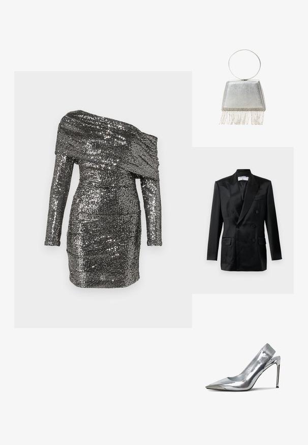 Sort satin dobbeltbrystet blazer med spidse klapkraver, fire knapper, to klaplommer og en brystlomme, mærket "Filippa K."; Paljetterklædning med off-shoulder halsudskæring, lange ærmer og tætsiddende silhuet. Lavet af metalisk stof i sølvnuancer.; Sølv slingback højhælede sko med spids tå og metallisk finish. Har et strømlinet design og minimalistiske detaljer på hælen.; Sølvmetallic clutch taske med en tekstureret overflade, trekantet form og dekorativt frynse nederst. Inkluderer et rundt håndtag.