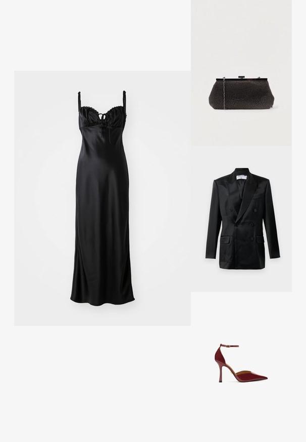 Schwarze Satin-Doppelreiher-Jacke mit Spitzlappen, vier Knöpfen, zwei aufgesetzten Taschen und einer Brusttasche, gekennzeichnet mit "Filippa K."; Schwarzes Satin-Maxikleid mit einem taillierten Oberteil, gewelltem Spitzenbesatz, verstellbaren Spaghetti-Trägern und einer Frontbindedetail.; Burgunderfarbene High Heels mit glänzender Oberfläche, spitz zulaufender Zehenpartie, einem Knöchelriemen mit goldener Schnalle und einem schlanken Stiletto-Absatz.; Schwarze Mesh-Clutch mit strukturierter Silhouette, verziert mit kleinen metallic-nieten, besitzt einen Verschluss mit Klappe und einen abnehmbaren Kettenriemen.