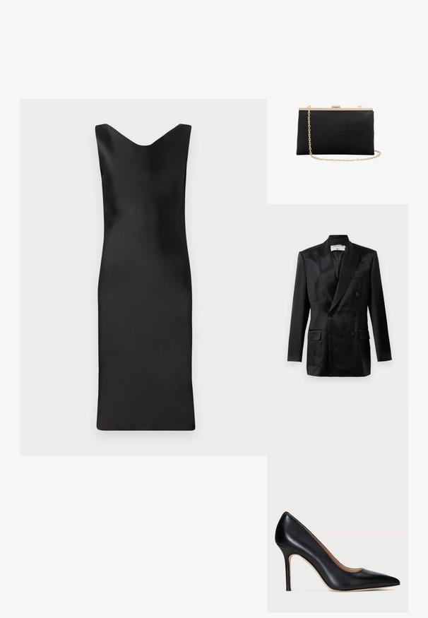 Zwarte satijnen dubbelbreasted blazer met puntsla lapels, vier knopen, twee klepzakken en een borstzak, gelabeld "Filippa K."; Zwarte satijnen mouwloze jurk met een v-hals, aansluitende silhouet en een lengte tot onder de knie. Gladde textuur en minimalistisch ontwerp.; Zwarte leren hoge hakpumps met een spitse neus en een slanke stilettohak. De gladde textuur en minimale details zorgen voor een klassiek ontwerp.; Zwart gestructureerde clutchtas met gouden metalen frame en aangehechte gouden kettingriem op witte achtergrond.