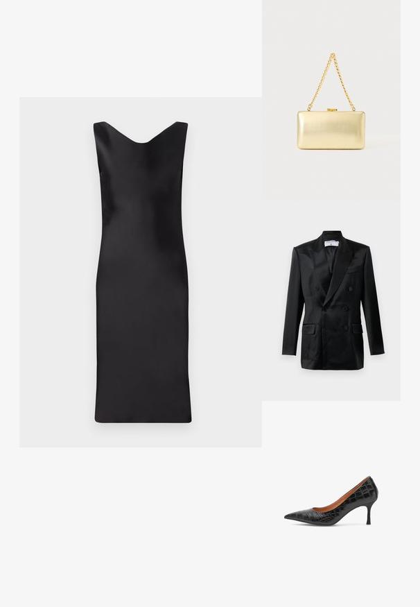 Zwarte satijnen dubbelbreasted blazer met puntsla lapels, vier knopen, twee klepzakken en een borstzak, gelabeld "Filippa K."; Zwarte satijnen mouwloze jurk met een v-hals, aansluitende silhouet en een lengte tot onder de knie. Gladde textuur en minimalistisch ontwerp.; Woden Klassieke pumps - black; Rechthoekige gouden clutch met glanzende afwerking, metalen sluiting en korte gouden kettinghengsel tegen een effen lichte achtergrond.