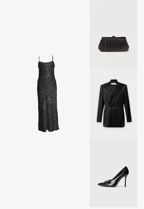 Zwarte satijnen dubbelbreasted blazer met puntsla lapels, vier knopen, twee klepzakken en een borstzak, gelabeld "Filippa K."; True Decadence SEQUIN MIDI SLIP - Cocktailjurk - black sequin; Zwarte lakleren stilettohak met spitse neus, drie decoratieve banden met studs en "Karl Lagerfeld" branding op de hak.; Zwarte mesh clutchbag met een gestructureerde silhouette, versierd met kleine metalen studs, heeft een sluiting met een klapmechanisme en een afneembare kettingriem.
