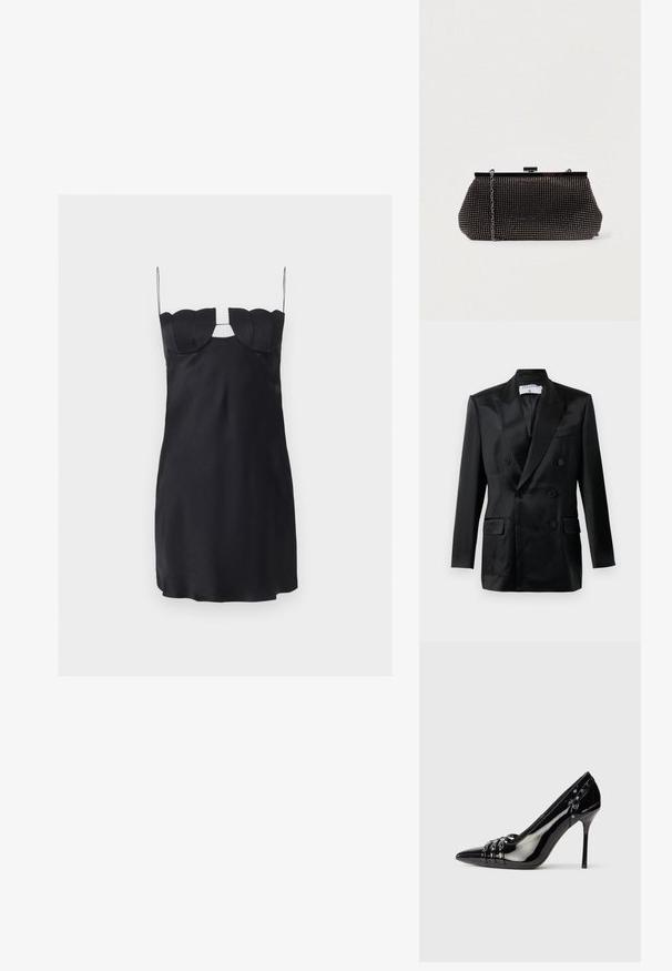 Blazer noir en satin à double boutonnage avec des revers en pointe, quatre boutons, deux poches à rabat et une poche poitrine passepoilée, étiqueté "Filippa K."; Mini-robe noire avec un buste structuré en forme de coquillage, fines bretelles spaghetti et une découpe en forme de trou de serrure sous le décolleté.; Chaussure à talon aiguille en cuir verni noir avec bout pointu, trois lanières décoratives avec clous, et logo "Karl Lagerfeld" sur le talon.; Pochette noire en mesh avec une silhouette structurée, ornée de petits clous métalliques, dotée d'une fermeture à clip et d'une bandoulière en chaîne détachable.