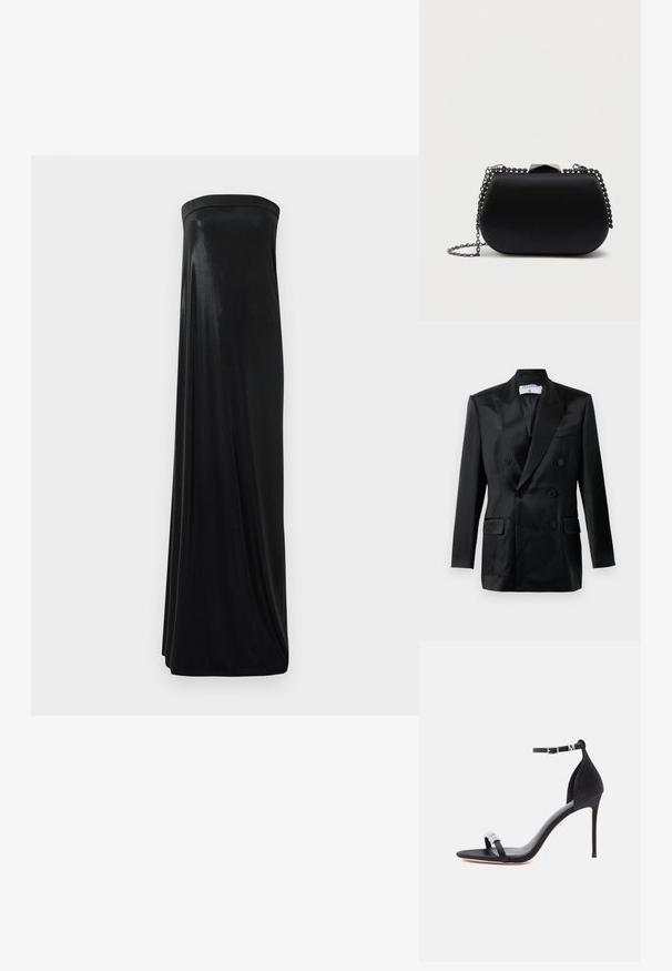 Schwarze Satin-Doppelreiher-Jacke mit Spitzlappen, vier Knöpfen, zwei aufgesetzten Taschen und einer Brusttasche, gekennzeichnet mit "Filippa K."; Schwarzes, trägerloses Maxikleid aus glattem, glänzendem Stoff. Es hat ein figurbetontes Oberteil und eine fließende Silhouette, die den Boden erreicht, ohne Verzierungen.; Schwarze Satinsandalette mit hohem Absatz, dünnem Riemen, Knöchelschnalle und dekorativem Strassakzent am Zehenriemen.; Schwarze Clutch mit einer glatten, matten Oberfläche, runder Form und einem silbernen Kettenriemen. Mit einem geometrischen Verschlussdetail oben.