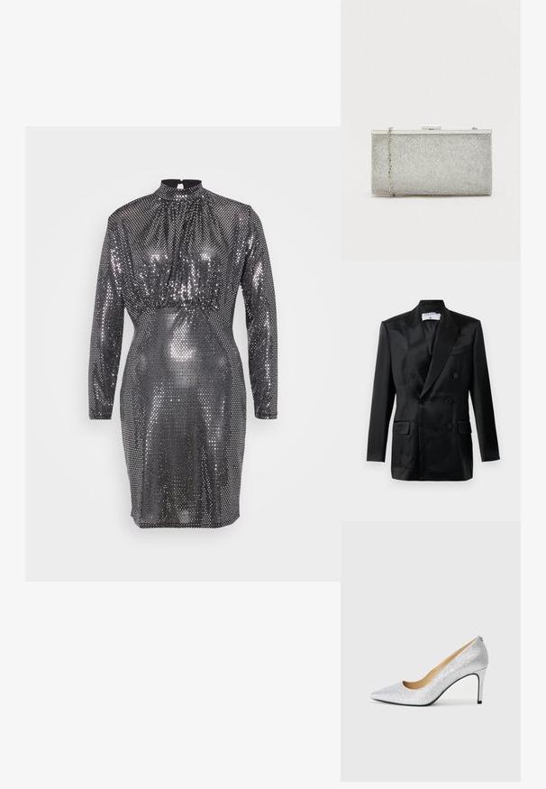 Sort satin dobbeltbrystet blazer med spidse klapkraver, fire knapper, to klaplommer og en brystlomme, mærket "Filippa K."; Sølvfarvet paljetteret kjole med lange ærmer, høj hals og tætsiddende silhuet. Har en struktureret overflade med skinnende, reflekterende mønstre.; Sølvglitrende højhælede pumps med spids tå og glat inderside. Hælen er tynd og fremhæver det slanke design.; Sølvmetallic clutch taske med en struktureret mesh-overflade, rektangulær form og en aftagelig kædestrop. Har en metaliske lås.