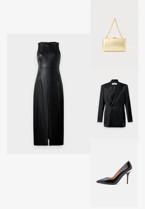 Blazer de satén negro de corte cruzado con solapas en pico, cuatro botones, dos bolsillos con solapa y un bolsillo en el pecho, etiquetado "Filippa K."; Vestido negro sin mangas de cuero, con un diseño ajustado, corte a la altura de la rodilla y una sutil abertura frontal. Detalle de cierre de cremallera en la parte posterior.; Zapato de tacón alto de piel charol negra con punta en pico, tacón de aguja fino y un detalle dorado cerca de la contrafuerte del talón.; Bolso de mano dorado rectangular con acabado brillante, cierre metálico y asa corta de cadena dorada sobre un fondo claro y liso.
