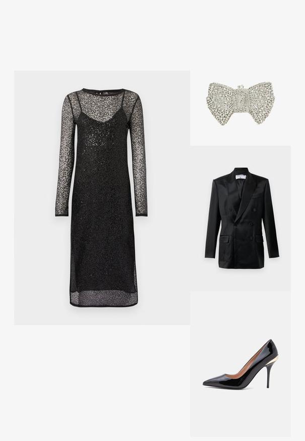 Schwarze Satin-Doppelreiher-Jacke mit Spitzlappen, vier Knöpfen, zwei aufgesetzten Taschen und einer Brusttasche, gekennzeichnet mit "Filippa K."; Schwarzes langärmeliges Kleid mit einer anliegenden Innenschicht und transparentem Spitzenüberzug. Verfügt über ein strukturiertes Muster und einen dezenten Glanz.; Schwarzer Pumps aus Lackleder mit spitzer Schuhspitze, schlankem Stilettabsatz und goldenem Akzent nahe der Fersenkappe.; Silbern glänzende Clutch in Form einer Schleife, verziert mit klaren Strasssteinen und einem Kristallschloss oben.