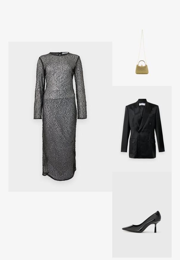 Schwarze Satin-Doppelreiher-Jacke mit Spitzlappen, vier Knöpfen, zwei aufgesetzten Taschen und einer Brusttasche, gekennzeichnet mit "Filippa K."; Schwarzes, langärmliges, bodenlanges Kleid aus strukturiertem, transparentem Stoff mit Pailletten in geometrischem Muster und einem Reißverschluss im Rücken.; Schwarze Lackleder-Pumps mit hohem Absatz, spitzem Zehenbereich, eleganter Form und schlankem Stiletto-Absatz, mit einer glatten, glänzenden Oberfläche.; Goldfarbene Mesh-Handtasche mit strukturiertem Design, metallischer Kettenriemen und rundem Deckelverschluss. Texturierte Oberfläche mit schimmerndem Finish.