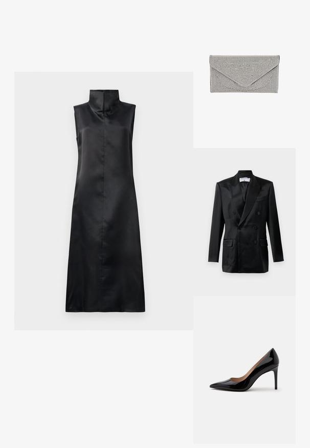 Zwarte satijnen dubbelbreasted blazer met puntsla lapels, vier knopen, twee klepzakken en een borstzak, gelabeld "Filippa K."; Zwarte satijnen mouwloze jurk met een hoge kraag, een gladde textuur en een rechte, enkellange silhouet. Minimalistisch ontwerp zonder versieringen.; Zwarte lakleren pump met hoge hak, spits toelopende neus en naaldhak, zij-aanzicht op een effen witte achtergrond.; Zilveren clutch met een textuur en studs. Heeft een envelopontwerp met een schuine klep en contrasterende zwarte rand.