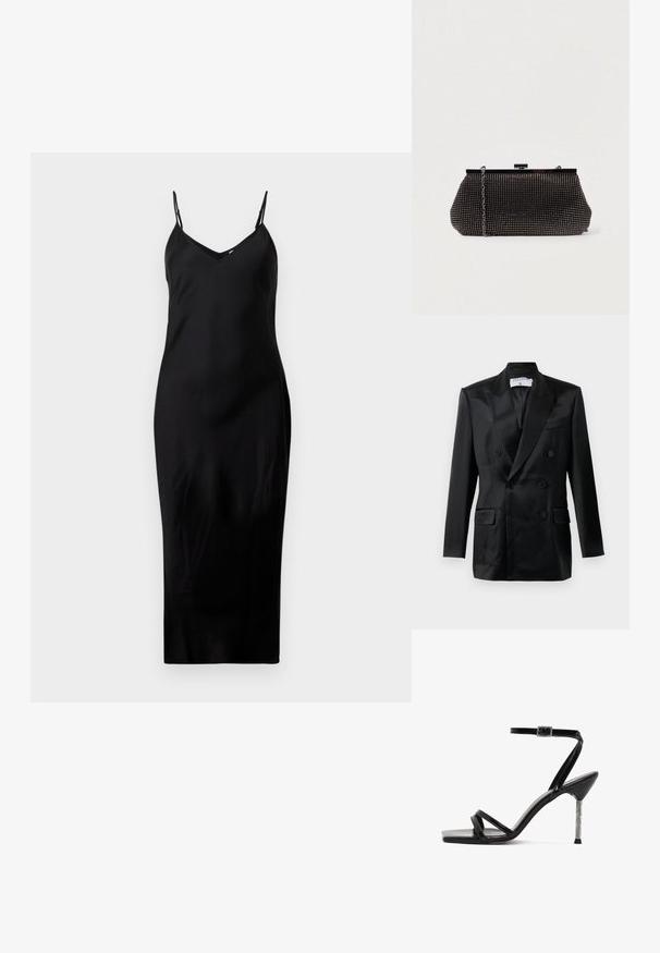 Blazer de satén negro de corte cruzado con solapas en pico, cuatro botones, dos bolsillos con solapa y un bolsillo en el pecho, etiquetado "Filippa K."; Vestido midi negro sin mangas con finos tirantes tipo espagueti y escote en V, exhibido sobre un fondo blanco liso.; Sandalia de charol negro con punta cuadrada, múltiples correas delgadas y un tacón de aguja adornado con strass. Correa ajustable para el tobillo.; Bolso de mano negro de malla con una silueta estructurada, adornado con pequeños tachuelas metálicas, que cuenta con un cierre de broche y una correa de cadena desmontable.