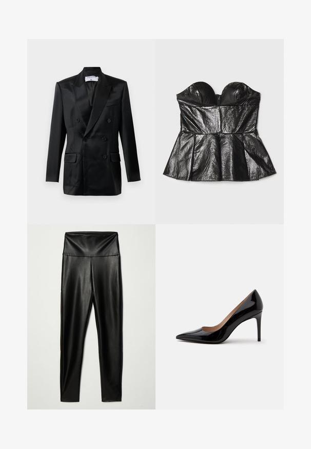 Zwarte satijnen dubbelbreasted blazer met puntsla lapels, vier knopen, twee klepzakken en een borstzak, gelabeld "Filippa K."; Sara Battaglia SWEETHEART - Top - black; Zwarte nepleer legging met een hoge tailleband, met een gladde textuur en een aansluitende pasvorm, die tot de enkels reikt.; Zwarte lakleren pump met hoge hak, spits toelopende neus en naaldhak, zij-aanzicht op een effen witte achtergrond.