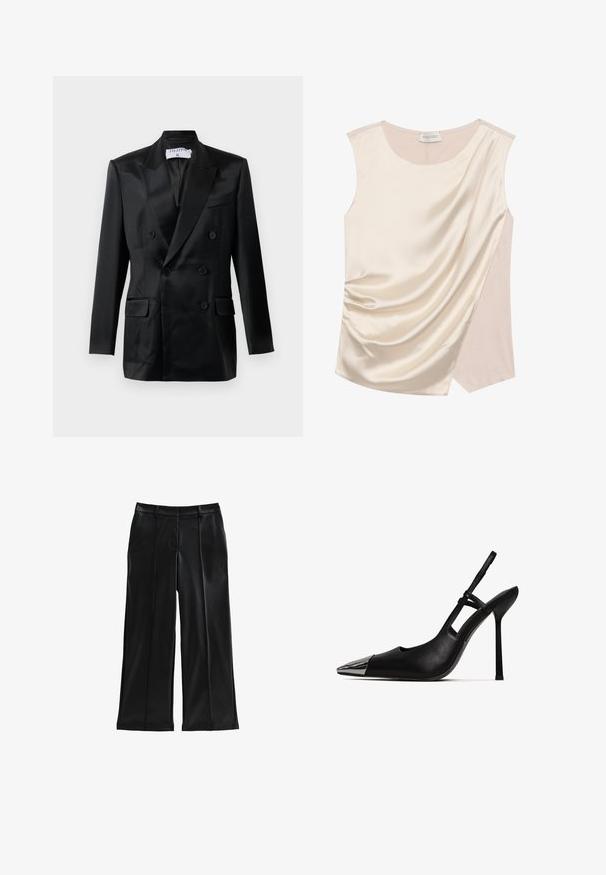 Schwarze Satin-Doppelreiher-Jacke mit Spitzlappen, vier Knöpfen, zwei aufgesetzten Taschen und einer Brusttasche, gekennzeichnet mit "Filippa K."; Ärmelloses Oberteil aus cremefarbenem Satin mit Drapé-Design, das eine glatte Textur aufweist und eine kontrastierende Fläche in einer helleren Nuance an der Seite hat.; Schwarze, faux-lederne Weite-Bein-Hosen mit Falten, Fronttaschen, einer glatten Textur und einer maßgeschneiderten Passform. Verfügt über eine hüfthohen Bund.; Schwarzer Slingback-Pump mit spitzem Zeh und glänzender metallischer Kappe. Verfügt über einen hohen Stiletto-Absatz und einen schmalen Knöchelriemen. Glatte Lederoberfläche.