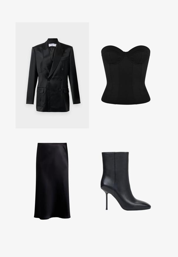 Blazer noir en satin à double boutonnage avec des revers en pointe, quatre boutons, deux poches à rabat et une poche poitrine passepoilée, étiqueté "Filippa K."; Top corset noir sans bretelles avec des bonnets structurés et une taille cintrée, conçu pour sculpter et soutenir.; Jupe midi en satin noir avec une texture lisse, silhouette en A et une légère brillance. Elle présente une taille élastique et un design longueur totale.; Bottine noire en cuir avec bout pointu et talon stiletto fin, texture lisse, vue de côté sur fond blanc.