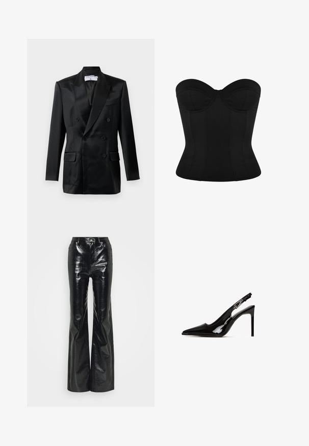 Sort satin dobbeltbrystet blazer med spidse klapkraver, fire knapper, to klaplommer og en brystlomme, mærket "Filippa K."; Halterløs sort korset-top med strukturerede kopper og tætsiddende talje, designet til formgivning og støtte.; Sorte faux læder flare bukser med en blank finish, der har en høj talje, forlommer og sølvfarvede hardware-detaljer.; Sort patentlæder slingback hæl med spids tå og stiletto hæl. Har et udsnit design og justerbar rem med metalhardware.