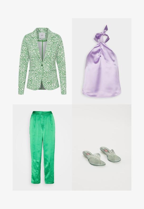 Grün und weiß gemusterte Blazer mit Reverskragen, einreihigem Knopfverschluss und zwei Vordertaschen. Strukturiertem Stoff mit kompliziertem Design.; Gina Tricot TINA - Top - purple rose (5141); Lollys Laundry MAISIE PANTS - Stoffhose - green; Transparente Jelly-Sandalen mit gewelltem Design, ausgestattet mit einem Zehensteg und einem geriffelten Sohlenmuster. Die Farben umfassen hellgrün und klare Töne.