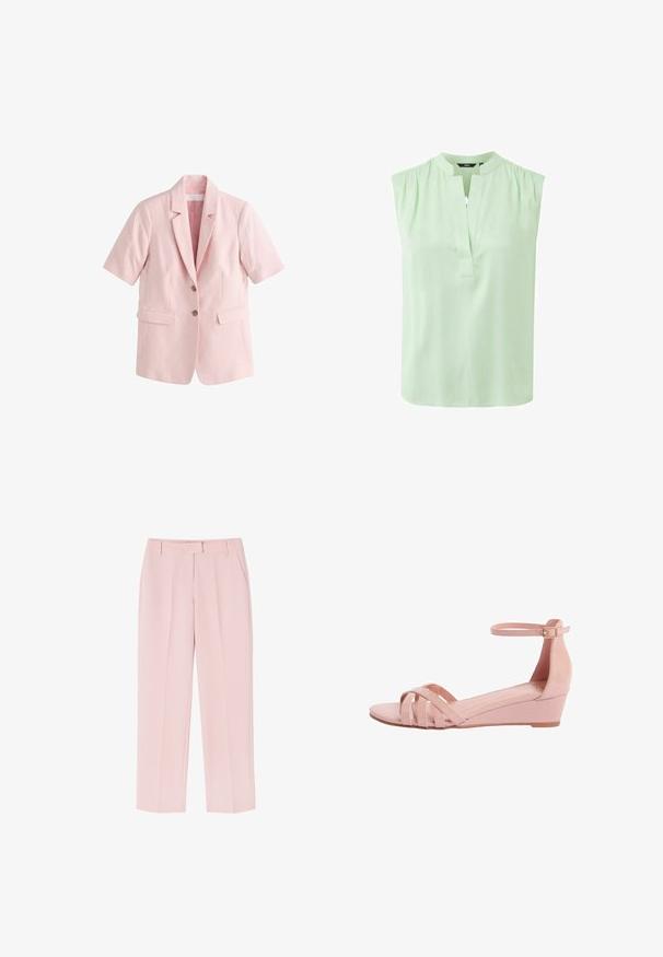 Lyserød kortærmet hørblazer med notch-krave, to knapper og to forlommer med klap, designet til et formelt eller afslappet look.; Lysegrøn ærmeløs bluse med sammensyet skulderdesign og delt mandarin-kraveudskæring.; Lyserøde bukser med skræddersyet design, der har to sidelommer, en glat tekstur og folder foran for ekstra detalje.; Pink åbent tå kilehæl sandal med krydsede frontremme og en ankelrem med en lille spænde på en hvid baggrund.