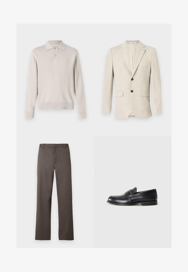 Beiger einreihiger Herrenblazer mit Kerbkragen, zwei vorderen Pattentaschen, einer Brusttasche und einem Knopfverschluss.; Helles beiges Langarm-Polohemd aus weichem Material. Mit Kragen, Dreiknopf-Leiste sowie gerippten Bündchen und Saum.; Braune Baumwollhosen mit geradem Bein, ausgestattet mit Gürtelschlaufen und einer glatten Textur. Keine sichtbaren Muster oder Hardwaredetails.; Schwarze Leder-Loeffler mit abgerundetem Zehenbereich, gesteppten Details und einer flachen Gummisohle. Verfügt über ein breites Band über dem Fußrücken.