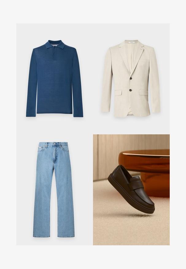 Blazer beige pour homme à simple boutonnage, avec revers crantés, deux poches à rabat devant, une poche poitrine et une fermeture par un bouton.; Polo à manches longues bleu marine en tissu doux, avec un col classique, une patte de boutonnage à deux boutons et une texture lisse.; Jean en denim bleu clair coupe droite à cinq poches avec fermeture à boutons à la taille, présenté sur un fond uni.; Une chaussure mocassin en cuir marron foncé flottant au-dessus d'un tapis crème avec une table ronde orange en arrière-plan.