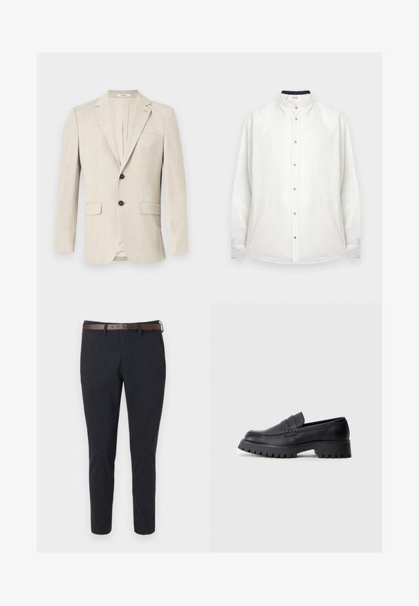 Beige single-breasted men's blazer with notch lapels, two front flap pockets, one chest pocket, and one button closure.; Long-sleeve white button-up shirt with a classic collar and beige buttons, displayed on a plain background.; Dark navy slim-fit trousers with front pockets and a brown leather belt against a white background.; Black leather loafers with a rounded toe, featuring a decorative strap and a chunky rubber sole with deep treads for traction.